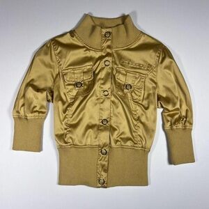 Vintage Y2K Paris Blues Gold Satin Bomber Jacket
